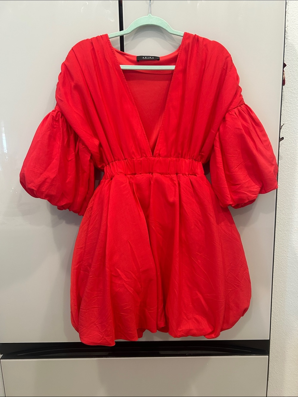 AKIRA Bold Red V-Neck Puff Sleeve Tunic